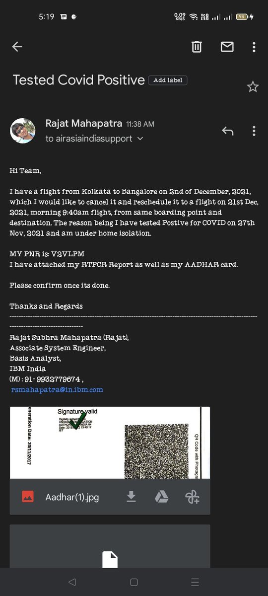 rsmtweeting's tweet photo. @AirAsiaIndia Hey, Already mailed regarding Rescheduling of my tomorrow morning's flight CCU-BLR, as I have covid, awaiting response.
MY PNR is: V2VLPM https://t.co/PWfVuIzCNO