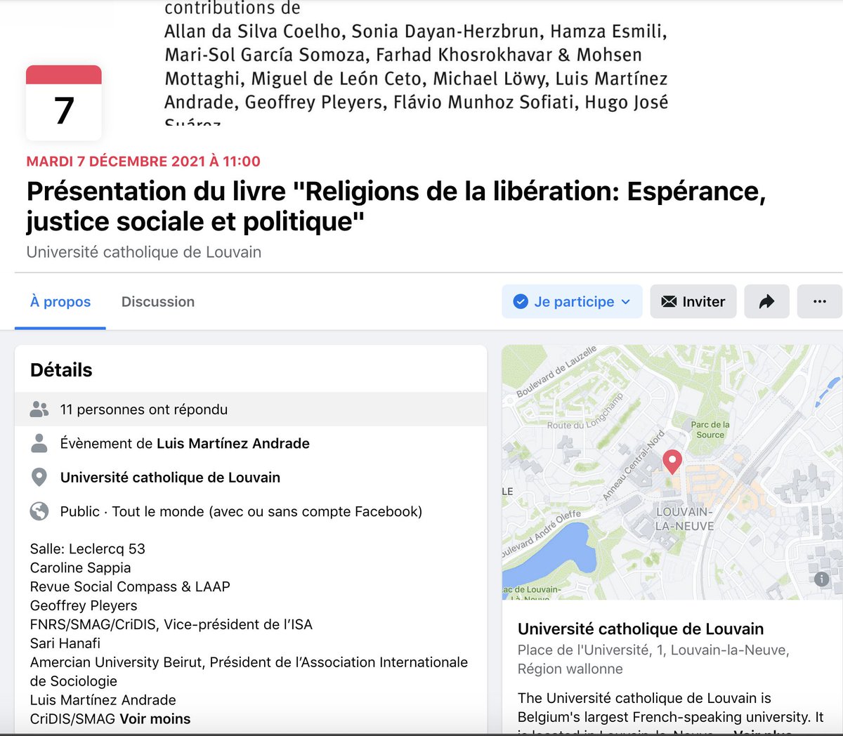 Prés. du livre "Religions de la libération: Espérance, justice sociale et politique"
Mardi 7/12, UCLouvain (Leclercq 53). 
Avec:
- G. PLEYERS FNRS/SMAG/CriDIS Vice-pr. ISA
- S. HANAFI Amercian U. Beirut, Prés. ISA
- L. MARTÍNEZ ANDRADE CriDIS/SMAG
- C. SAPPIA Social Compass, LAAP