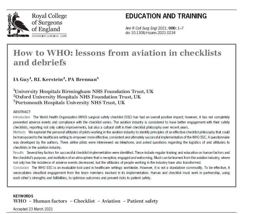 BrennanSurgeon's tweet photo. Just had paper published on learning lessons from aviation to improve engagement with WHO surgical checklist

Focuses attention when one's own life or limb depends on a checklist

'To be effective, a checklist needs steadfast engagement by the team using it to improve safety' https://t.co/nqbEfR8BeE