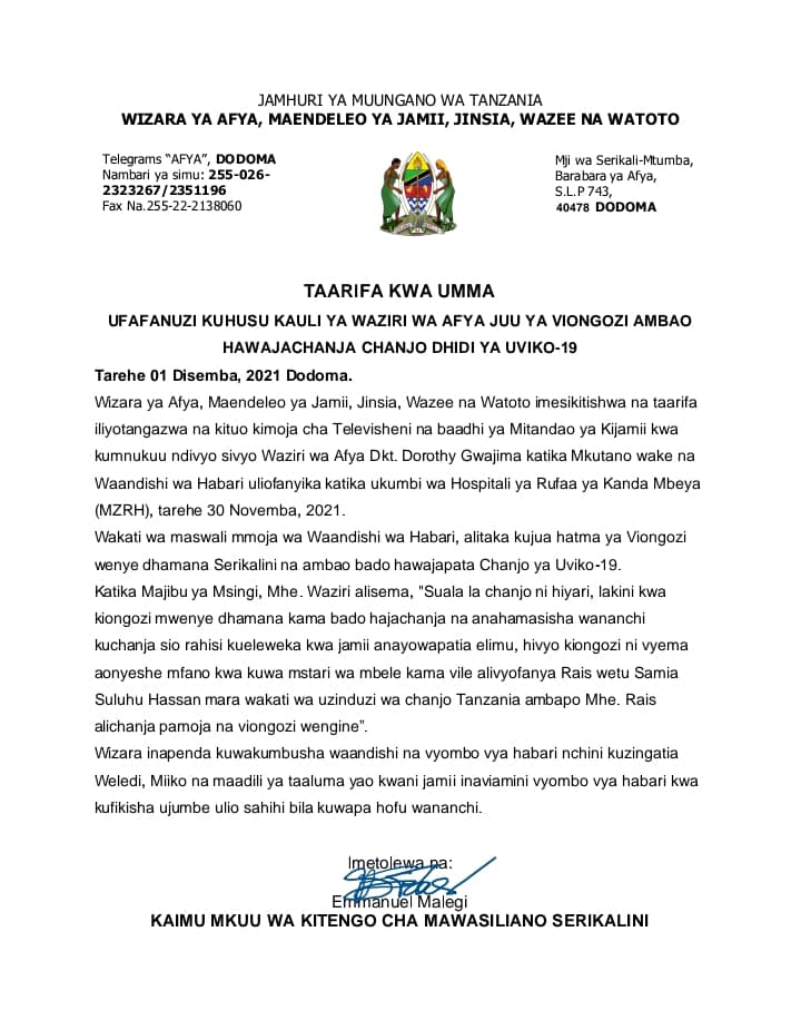 raymushumbusi's tweet photo. Taarifa kwa Umma kutoka @wizara_afyatz https://t.co/uy01FUy4gf