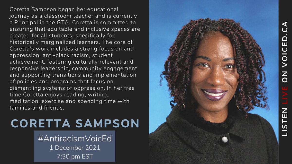 Tonight! @CorettaSampson1 &amp; I are on for final episode #AntiracismVoicEd unpacking some of the critical anti-racism questions Dr Dei poses in chapters 5 &amp; 7. Hope you'll join us, LIVE on voiced.ca 7:30pm EST