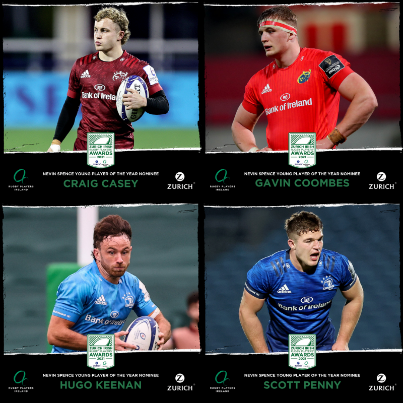 RugbyPlayersIRE's tweet photo. Our nominees for the Nevin Spence Young Player of the Year 2020/21 are:

☘️ @CraigCasey9 
☘️ Gavin Coombes
☘️ Hugo Keenan
☘️ @Penny2Scott 

The @Zurich_Irl Irish Rugby Players' Awards takes place on Friday over on our Facebook page! 

#RugbyAwards21 https://t.co/RocSnspyjq