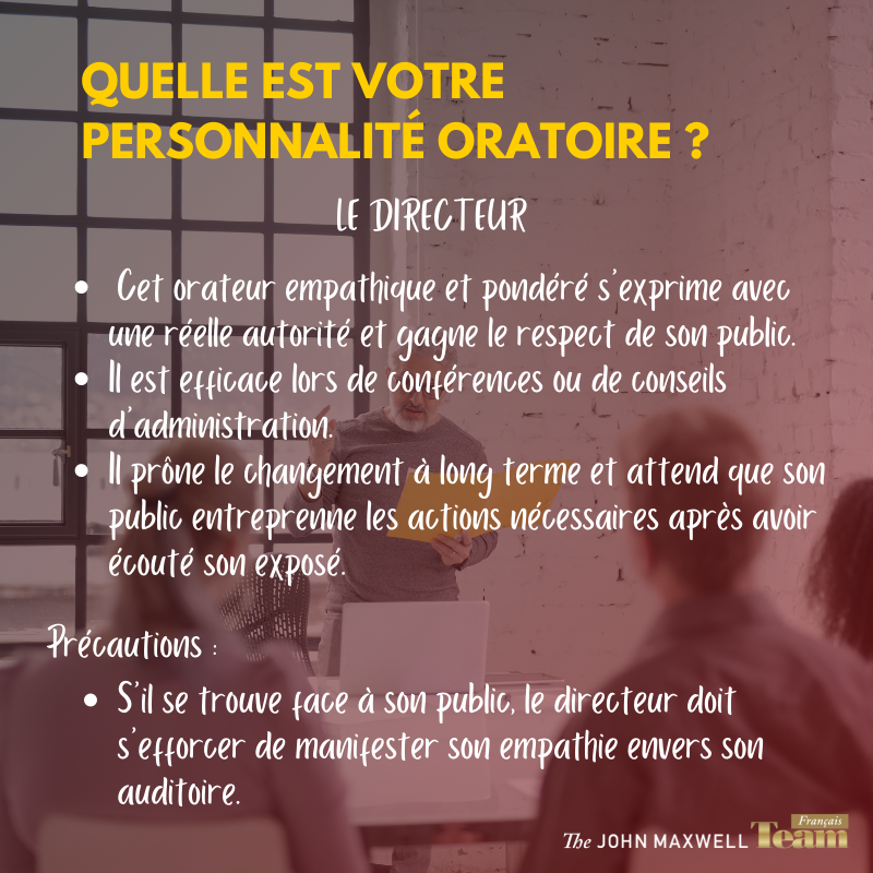 MLCT_FR's tweet photo. #Infographie : Quelle est votre personnalité oratoire ?
Le directeur : Cet orateur empathique et pondĂ©rĂ© sâexprime avec une rĂ©elle autoritĂ© et gagne le respect de son public.
En savoir plus : https://t.co/tIuhSR7asQ
#JMTF #methodemaxwell #jmtfrancais #coach https://t.co/X5HwjVZMd6