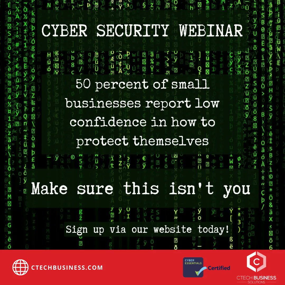 CTECHBUSINESS's tweet photo. Sign up to our Cyber Security Webinar which is taking place at 10am on the 10th of December 2021!

https://t.co/gqQiKirLei

#poweredbyCTECH #CyberEssentials #Custodian https://t.co/PhP8QEt6iO
