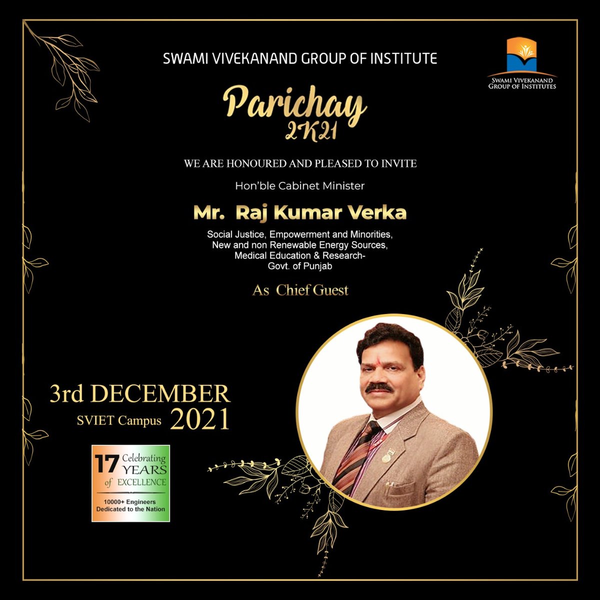 svietofficial's tweet image. We are honoured and pleased to welcome hon&apos;ble Mr. Raj Kumar Verma, Cabinet Minister, Punjab as a Chief Guest to Parichay Fresher party 2021. Only 2 days to go!
#FreshersParty #FreshersParty2021 #parichay2021 #AreYouReady #Sviet #SVGOI # #dance #party #chiefguest