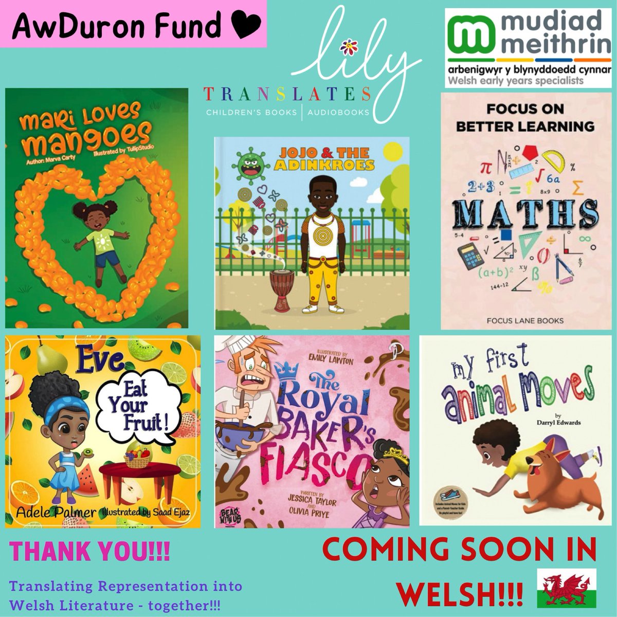 TranslatesLily's tweet photo. We are thrilled and thankful to announce the 6 titles we have fundraised to #translate into #welsh with the @TranslatesLily AwDuron Fund in collab with @MudiadMeithrin - thank you for your donations, support &amp; applications - New #welshlanguage #books coming very soon! https://t.co/5mXo9bjPVn