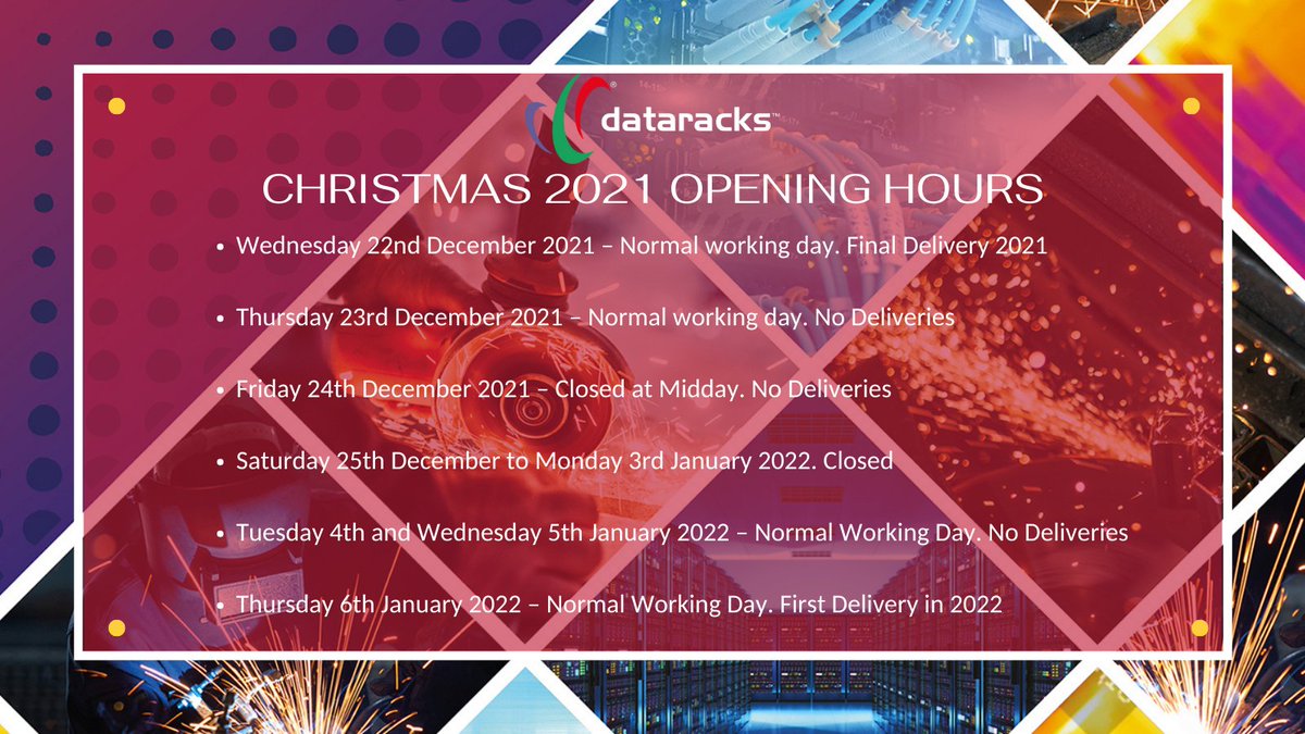DataracksUK's tweet photo. Happy December everyone! Now that Christmas is approaching, we wanted to let you know our opening hours. We hope you like our new logo!
#dataracks #madeinbritain #datacentresolutions #datacentre #datacenter #datacenters #datacentersolutions https://t.co/CdbU5Wo5P9