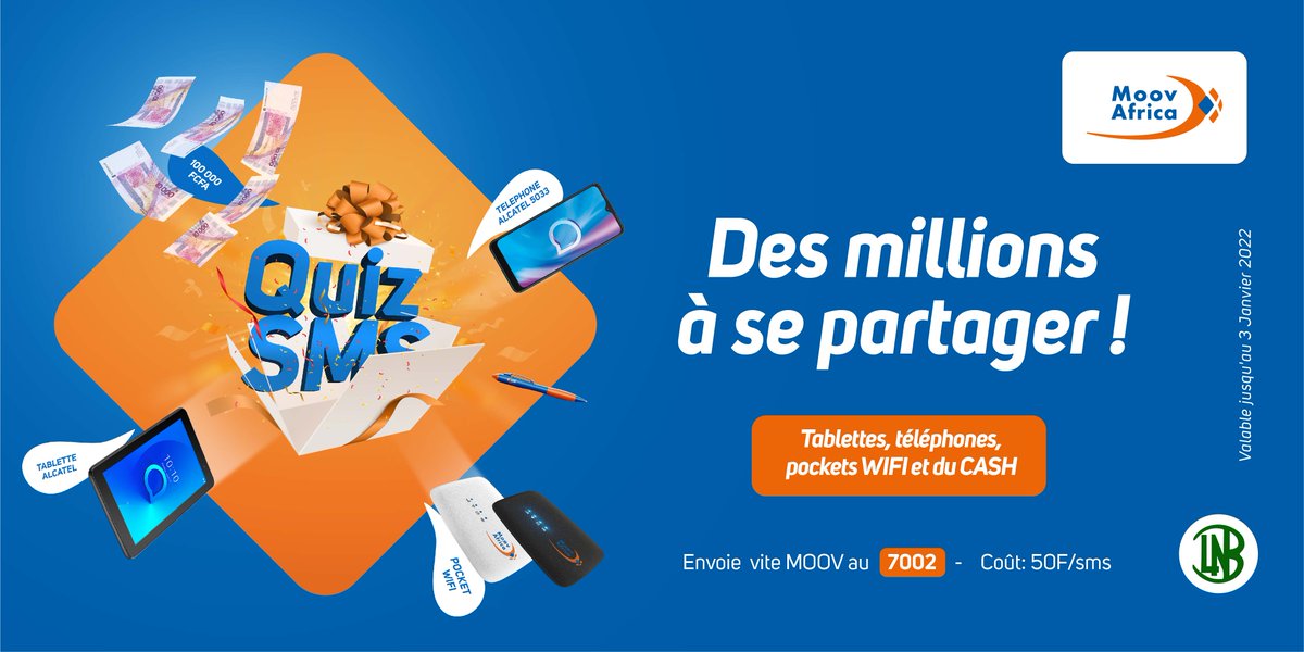 MoovAfricaBenin's tweet photo. La ligue des gagnants heureux t'appelle. 😊
N'hésite plus, viens remporter plein de lots en participant au #QuizSMS 🥳🥳

Envoie vite Moov au 7002 et saisi ta chance pour le prochain tirage. 😉

#MoovAfrica #UnMondeNouveauVousAppelle
#Quiz #Jeu https://t.co/fxvDEjIYga