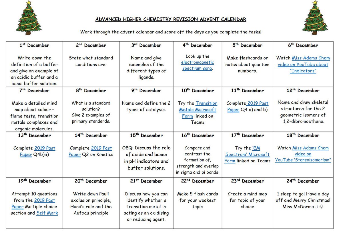 🎄Chemistry Advent Calendar 🎄Today kickstarts the challenge for our Advanced Higher Chemists! A digital version is now on Teams - remember to post any evidence on the advent calendar channel to be in with the chance to win some prizes 🎁🍫