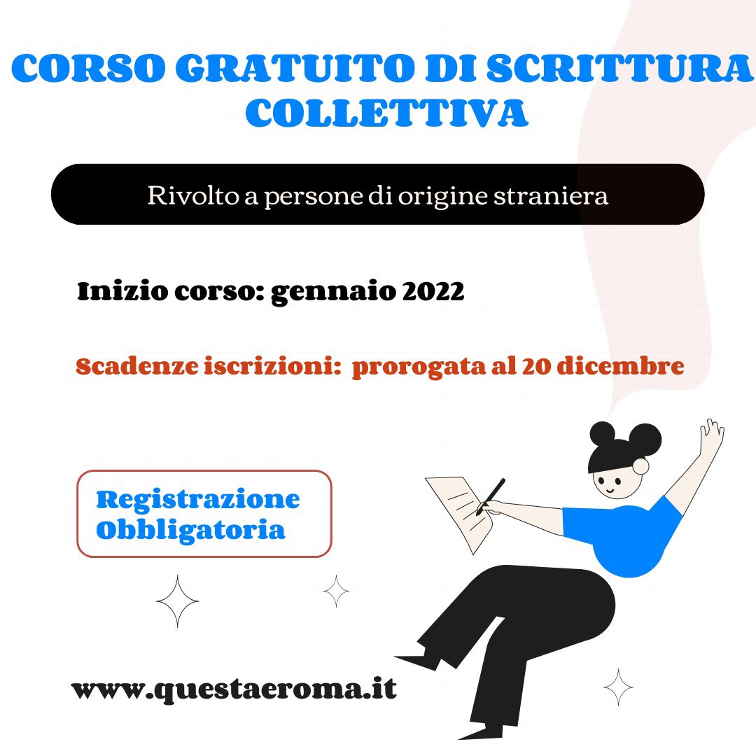 L'iscrizione al corso gratuito di scrittura collettiva è stata prorogata fino al 20 dicembre ed il corso inizierà a Gennaio 2022!
Appasionatə alla scrittura? Avete un background migratorio? Questo è il corso che fa per voi! Info: bit.ly/3G0M7dm
