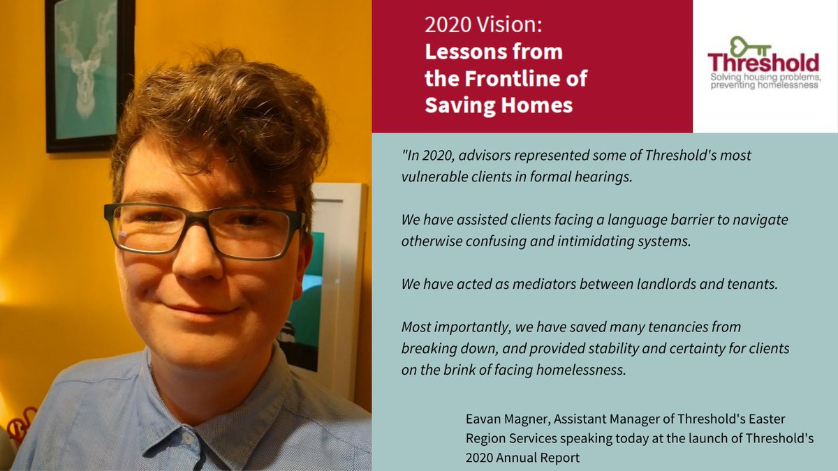 ThresholdIRE's tweet photo. Eavan Magner, Assistant Manager in Threshold’s Eastern Region services speaking at the launch of Threshold’s 2020 Annual Report. Read Threshold’s 2020 Annual report: https://t.co/lS8e4Ar9DI
#2020Vision #SavingHomes https://t.co/cFiZZqcj2S