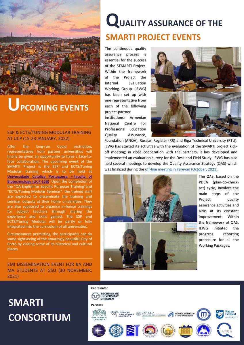 The first SMARTI newsletter has just been launched.
Stay up-to-date with all the project's news!

#TUD #RTU #LJMU #UCP #MRSU #INRTU #KFU #PetrSU #RR #PAARA #VSU #ANAU #SUSh #GSU #ANQA #erasmusplus #europe #russia #armenia #consortium #team #project #emi #smarti #english #teaching