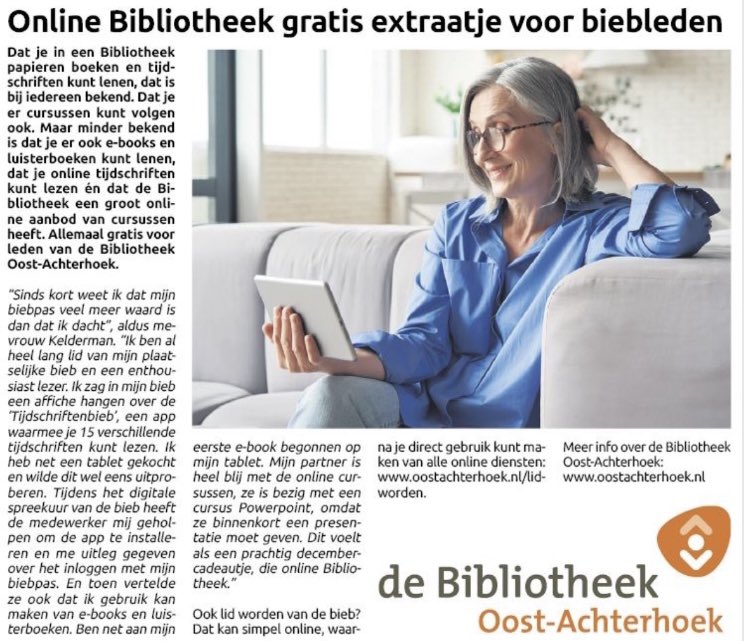 Vandaag in alle edities van Achterhoek Nieuws in onze regio. Heb jij al kennis gemaakt met de online Bibliotheek? oostachterhoek.nl/online-bibliot… #onlinebibliotheek #bibliotheek