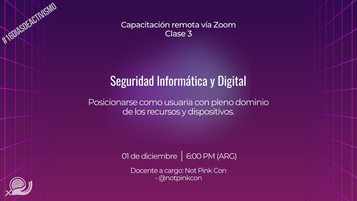 📢‼️ Felices de acompañar a <a href="/FemHackARG/">Activismo Feminista Digital</a> en estos #16DiasDeActivismo contra la #ViolenciaDeGenero con un taller sobre seguridad informática y protección de datos en entornos digitales ✊ Conoceremos qué amenazas existen, y qué herramientas y buenas prácticas pueden protegernos 💪