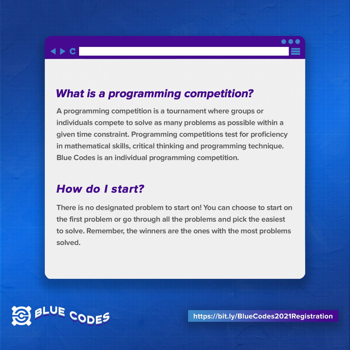 CompSAt's tweet photo. What is Blue? What is code? What is… Blue Codes? 🤔

We know you have some questions about Blue Codes, but don’t worry! We’ve got you covered. 👉🏽😎👉🏽 We have the answers to your questions right here!✅

ICYMI: Blue Codes will be held on 4 December 2021 from 4:00 to 7:30 PM! https://t.co/zwuJBV6Q5O