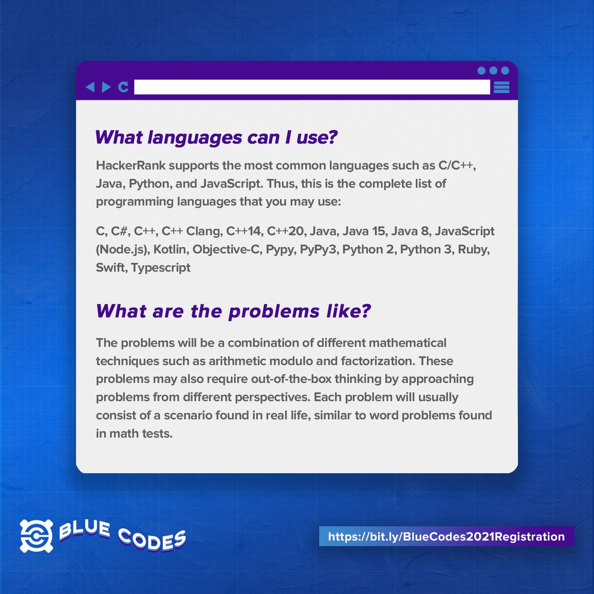 CompSAt's tweet photo. What is Blue? What is code? What is… Blue Codes? 🤔

We know you have some questions about Blue Codes, but don’t worry! We’ve got you covered. 👉🏽😎👉🏽 We have the answers to your questions right here!✅

ICYMI: Blue Codes will be held on 4 December 2021 from 4:00 to 7:30 PM! https://t.co/zwuJBV6Q5O