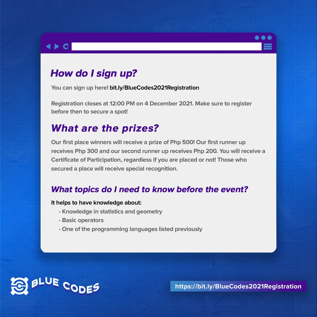 CompSAt's tweet photo. What is Blue? What is code? What is… Blue Codes? 🤔

We know you have some questions about Blue Codes, but don’t worry! We’ve got you covered. 👉🏽😎👉🏽 We have the answers to your questions right here!✅

ICYMI: Blue Codes will be held on 4 December 2021 from 4:00 to 7:30 PM! https://t.co/zwuJBV6Q5O