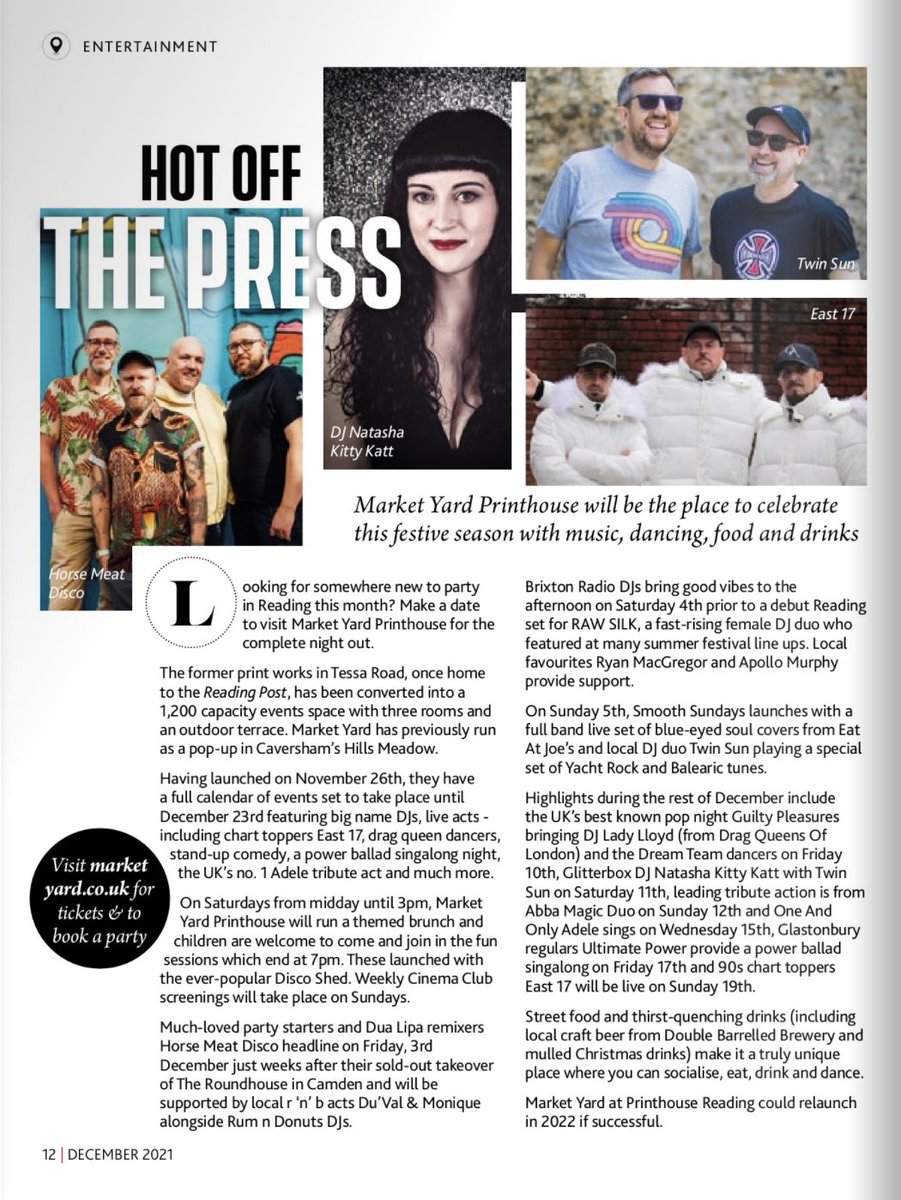 marketyardrdg's tweet photo. Big thanks to @randamag for the Printhouse shoutout on their cover &amp; full preview of our upcoming DJs and live acts in Reading including @horsemeatdisco (this Fri, 3rd Dec) @DJNattKittyKatt (Sat 11th Dec), @East17official (Sun 19th Dec) &amp; @twinsunmusic (Sun 5th &amp; Sat 11th Dec) https://t.co/XCwg5WQjiy
