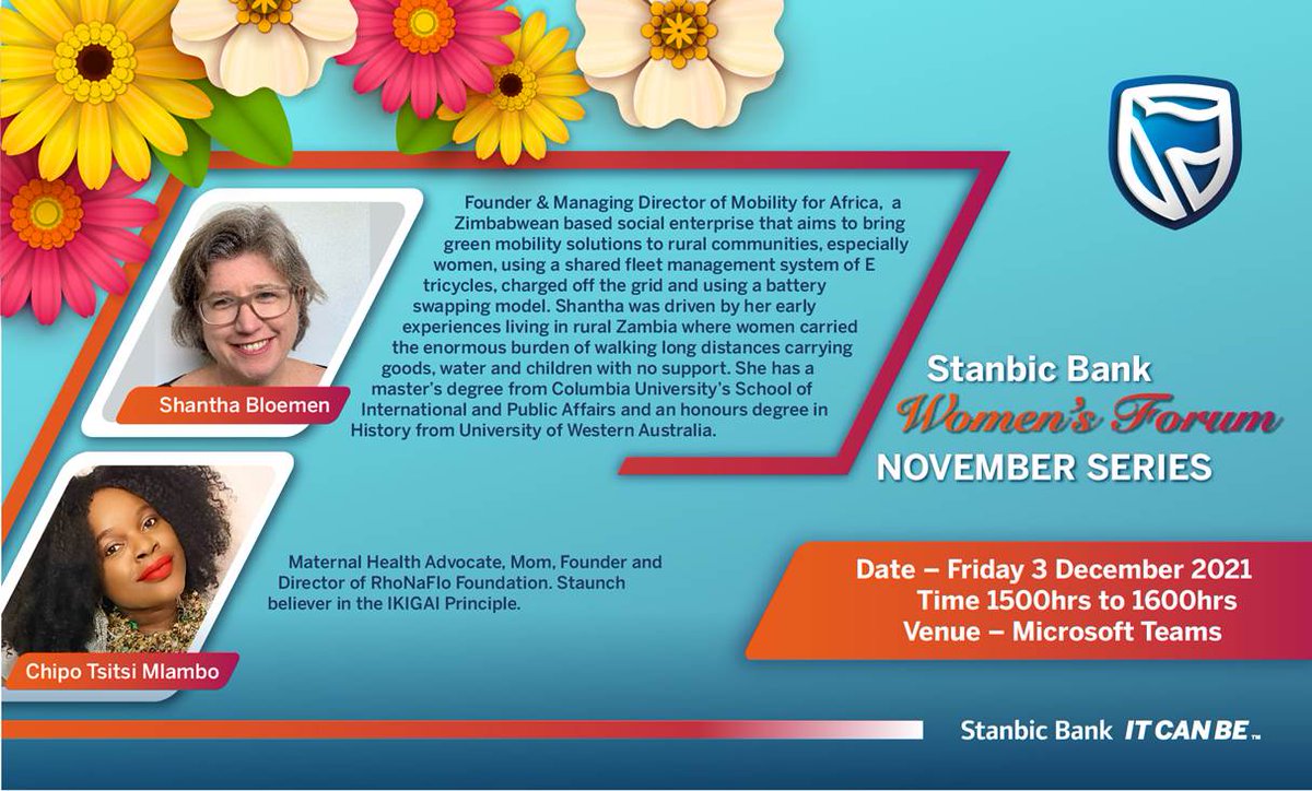 Looking forward to sharing my story and lessons learnt thus far as the Founder of <a href="/RhonafloF/">RhoNaFlo Foundation</a>. Excited to share the platform with <a href="/ShanthaBloemen/">Shantha Bloemen</a>, Founder of <a href="/MobilityAfrica/">MobilityAfrica</a>.  Thank you <a href="/StanbicBankZW/">Stanbic Bank Zimbabwe</a> for the opportunity 
#263birthstories 
#nowomanshoulddiegivingbirth