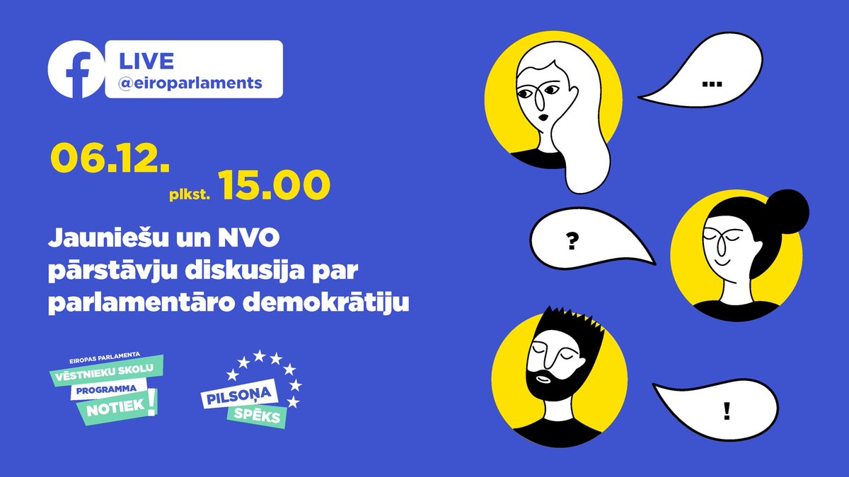 Europarl_LV's tweet photo. 6. decembrī plkst.15:00 ➡️ EP Vēstnieku skolu jaunieši diskutēs ar Latvijas NVO līderiem par pilsoniskās sabiedrības lomu parlamentārā demokrātijā. Plašāk: https://t.co/iMM0l1xlPO https://t.co/DSZXQW7kAf