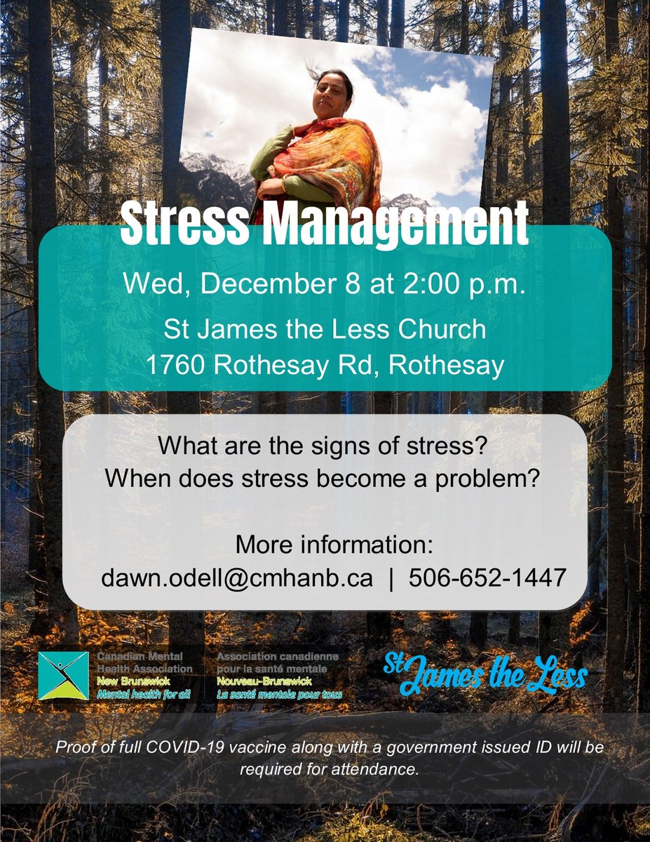 We all experience stress from time to time. Join Dawn Odell for a Stress Management presentation on December 8th at 2:00 PM at St James the Less Church in Rothesay.
Those wishing to attend must arrive by 1:45 PM with proof of vaccination and government issues ID.