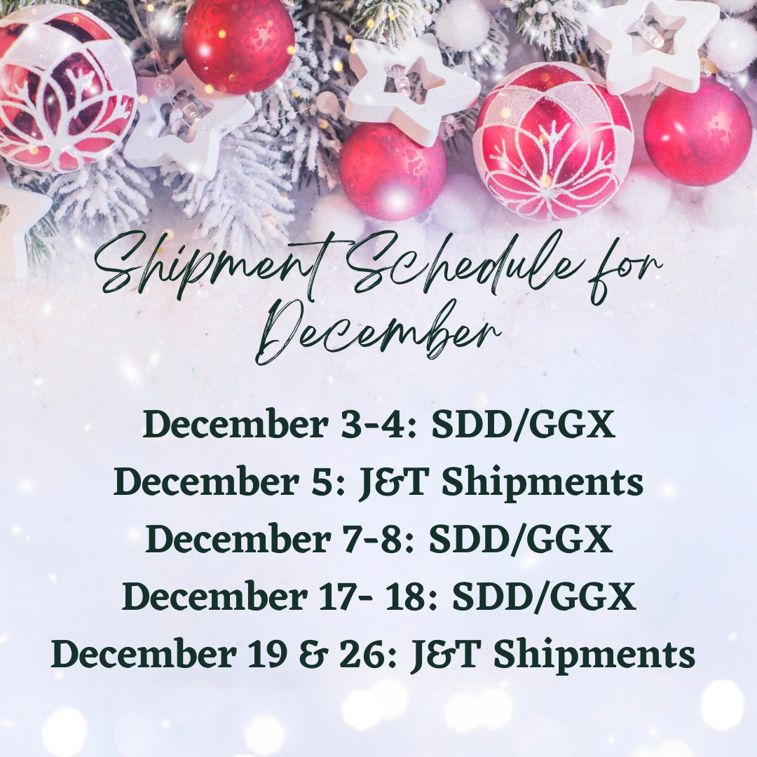 selukyukshop's tweet photo. #SLKUpdates: Shipment Schedule for December โบ๏ธ
These are the set dates for each courier shipment โบ๏ธ
Again, We will not entertain rushed shipments.
After 12/26, resumption of shipments will be on 6-9 ๐
๐Advanced Happy Holidays ๐ https://t.co/DJoeR8k0J8