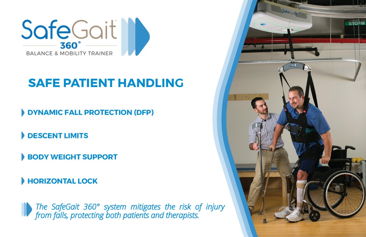 SafeGait's tweet photo. Raise up the bar in #rehabilitation therapy safety &amp; efficiency with SafeGait® Dynamic Body Weight Support, with ‘always-on’ fall prevention. Without the need to guard, therapists can expand task choices even for more challenging patients.  Learn more here https://t.co/9nnCQ8VetM https://t.co/sqwB4fnRAo
