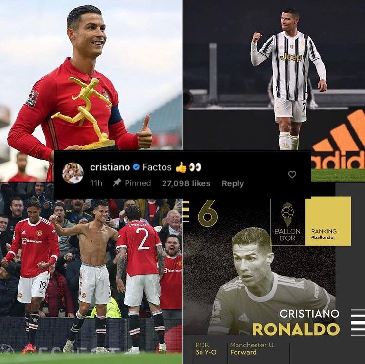 maddiejit's tweet photo. Cristiano’s social media handler commenting “Factos 👍👀” under a post on Instagram has gotten more attention than Messi lifting his 7th Ballon D’Or. https://t.co/RfUrK5GB1Z