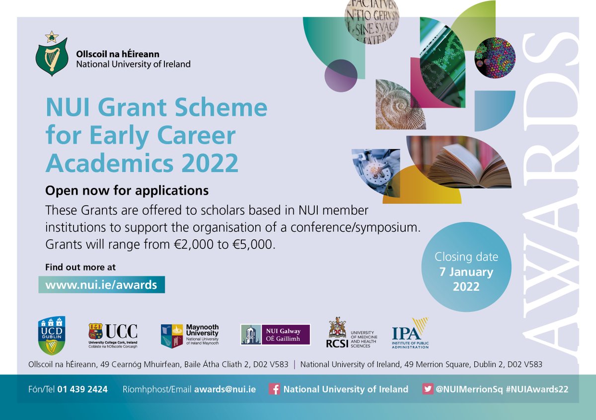 📢Calling all Early Career Academics in NUI institutions!
The #NUIAwards22 Grant Scheme for ECAs is now open for applications.

Purpose: Conference/symposium 
Value: €2-5k
Deadline: 7 January 2022
Info: nui.ie/awards/PostDoc…

<a href="/UCC/">UCC Ireland</a> <a href="/ucddublin/">University College Dublin</a> @NUIGalway <a href="/MaynoothUni/">Maynooth University</a> <a href="/RCSI_Irl/">RCSI</a>