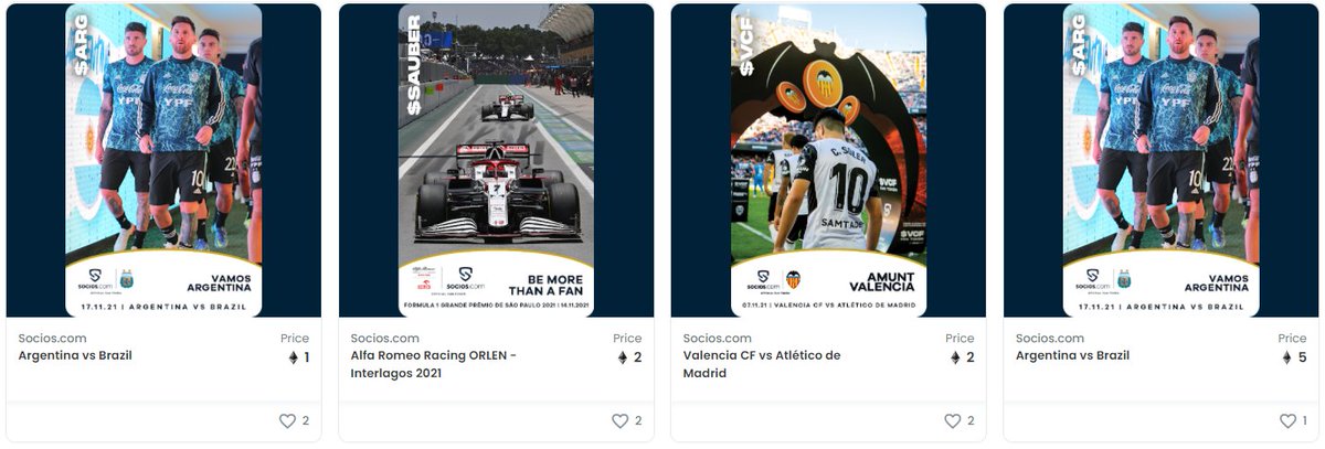 The first <a href="/Socios/">Socios.com</a> NFT's are up for sale on <a href="/opensea/">OpenSea</a>.

Didn't manage to get the FIRST EVER $ARG, $SAUBER or $VCF #NFT? Some Socios users already put them up for sale on the opensea platform. 

Starting from: 1 ETH.

➡️ Buy now:
opensea.io/collection/soc…

⚡️ $CHZ