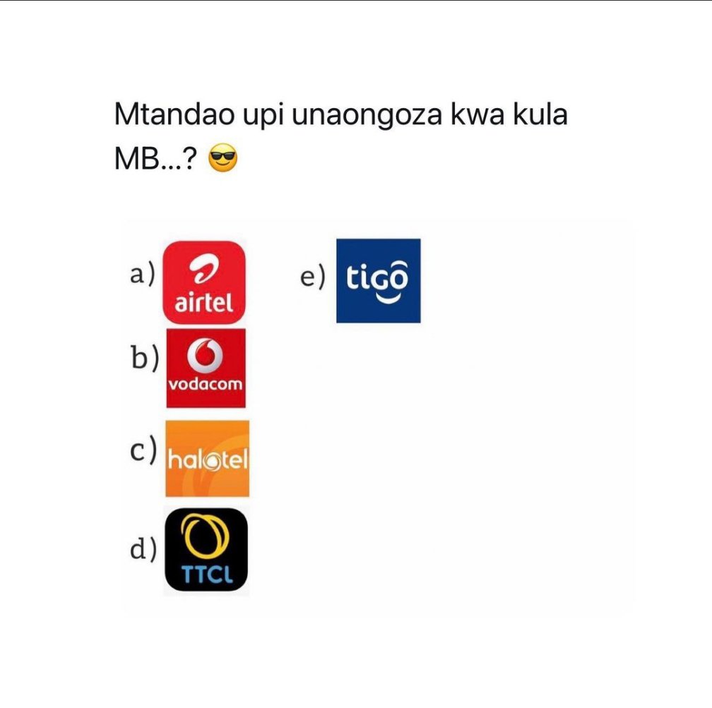 Si kwamba hizi kampuni zinakula MB, bali zinabugia..
<a href="/Tigo_TZ/">XRP</a> <a href="/VodacomTanzania/">Vodacom Tanzania</a> <a href="/Haloteltz/">Halotel_Tanzania</a> <a href="/Tz_Airtel/">AirtelTanzania</a> <a href="/ezekiel_kamwaga/">Ezekiel ‘The Wolf’ Kamwaga</a> <a href="/CarolNdosi/">Carol Ndosi</a> <a href="/absakibanda/">Absalom Kibanda</a> <a href="/Udadisi/">UDADISI</a> @Kasilo_Honester @TCRA_Tz <a href="/masoudkipanya/">Masoud Kipanya</a>
