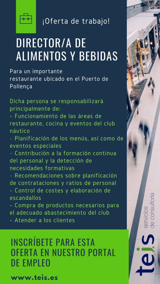 TeisConsult's tweet photo. Hoy os traemos una nueva oferta de trabajo!📰
Estamos buscando a un/a director/a de alimentos y bebidas para un importante restaurante ubicado en el Puerto de Pollença.
Ayúdanos compartiendo este post para que llegue a quien pueda interesarle📢🔁
#OfertaLaboral  #trabajomallorca https://t.co/ttJ9xxty6W