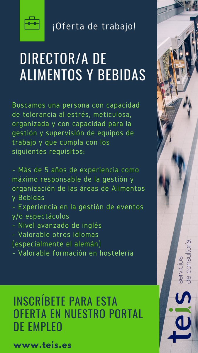 TeisConsult's tweet photo. Hoy os traemos una nueva oferta de trabajo!📰
Estamos buscando a un/a director/a de alimentos y bebidas para un importante restaurante ubicado en el Puerto de Pollença.
Ayúdanos compartiendo este post para que llegue a quien pueda interesarle📢🔁
#OfertaLaboral  #trabajomallorca https://t.co/ttJ9xxty6W