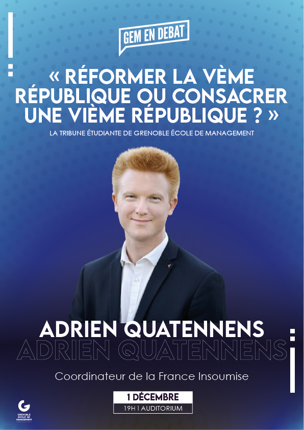 Gem en Débat (@gemendebat) on Twitter photo Bonjour à tous!
Une conférence aura lieu ce soir à 19h00 à l'auditorium de GEM sur le thème : « Réformer la Vème République, ou consacrer une VIème République ? »
<a href="/Grenoble_EM/">Grenoble EM</a>
avec
<a href="/AQuatennens/">Adrien Quatennens</a>
On espère vous voir nombreux
#République #LFI Bonjour à tous!
Une conférence aura lieu ce soir à 19h00 à l'auditorium de GEM sur le thème : « Réformer la Vème République, ou consacrer une VIème République ? »
<a href="/Grenoble_EM/">Grenoble EM</a>
avec
<a href="/AQuatennens/">Adrien Quatennens</a>
On espère vous voir nombreux
#République #LFI