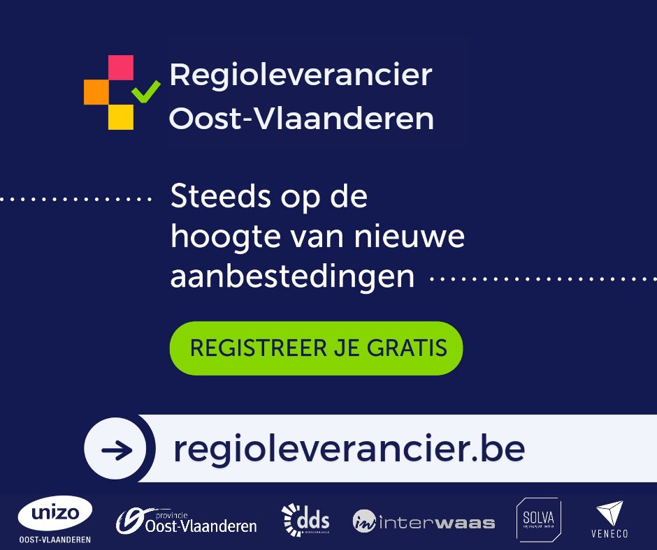 Maak kennis met de Regioleverancier! 

Vergeet de administratieve rompslomp van de huidige aanbestedingen, je krijgt ze vanaf nu gewoon in je mailbox!

Registreer je nu op regioleverancier.be en blijf steeds op de hoogte van nieuwe overheidsopdrachten. 

#regioleverancier