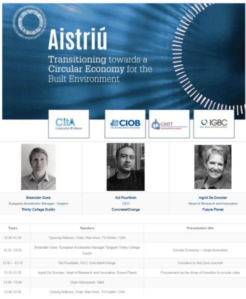 CITA_Ltd's tweet photo. Register for tomorrow's last #Aistriú #circulareconomy event from 12.30pm. Exploring the
#Transition towards #CircularCities' 
Industry speakers: 
@FuturePlanetHQ
 @tcdglobal
 @concrete4change
 @theCIOB
 @GMITOfficial
 @IrishGBC

https://t.co/MxMhPULJ3b https://t.co/iTqBOArPon