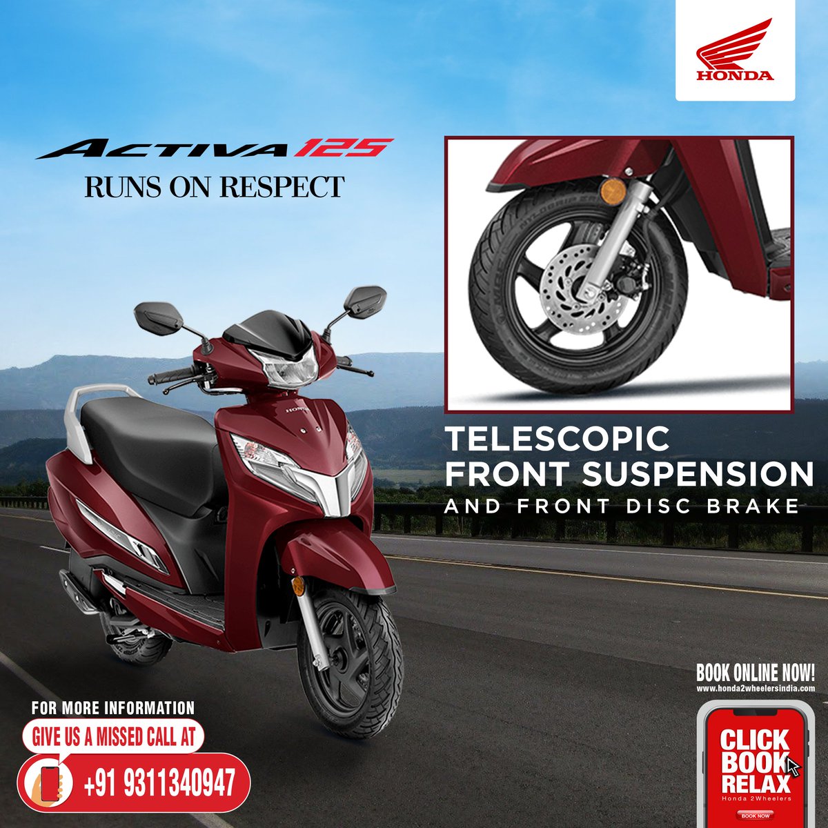 honda2wheelerin's tweet photo. With Activa 125, run on respect and confidence at all times. Its telescopic front suspension makes every ride comfortable. For more information, please give us a missed call on +919311340947 or visit https://t.co/1z2KUrGAiu.  #Honda #Activa125 #RunsOnRespect https://t.co/gWpsLlA4nr
