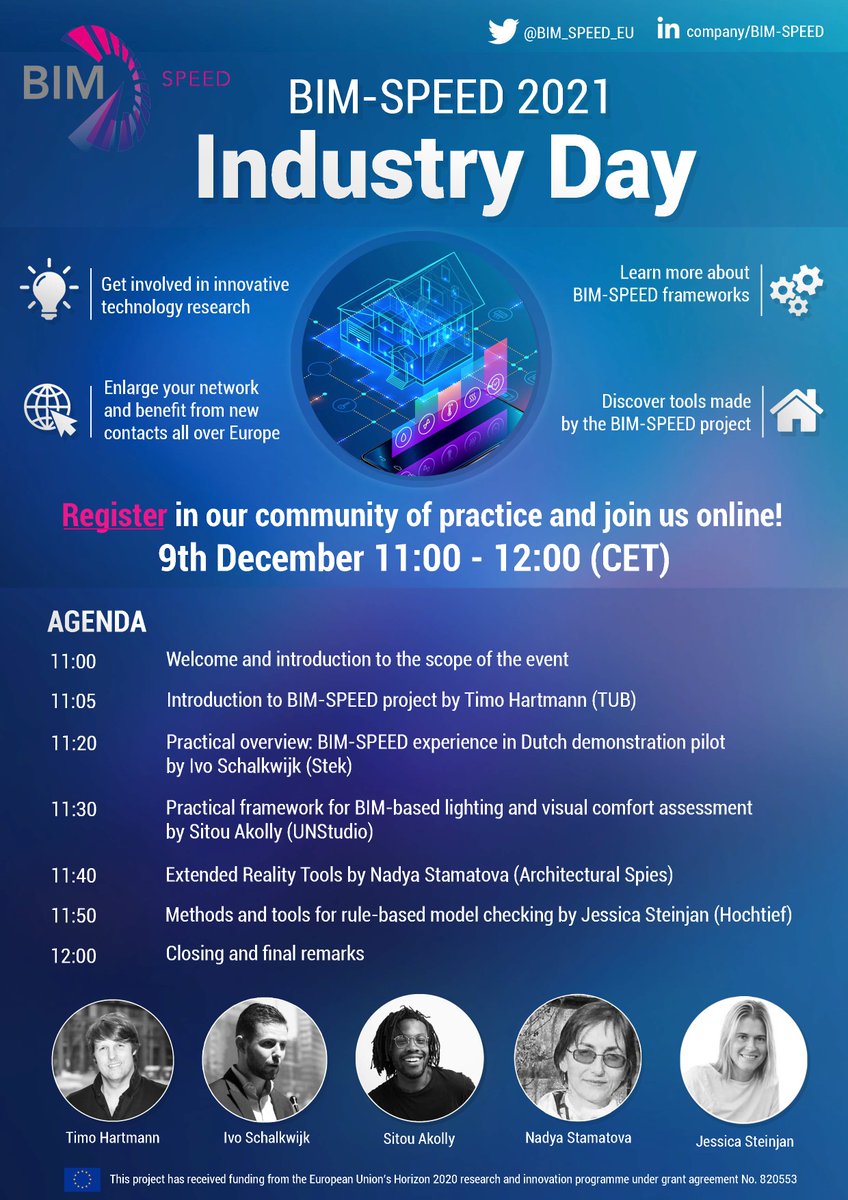 De derde BIM-SPEED Industry Day vindt plaats op 9 december a.s. van 11:00 – 12:00 (CET). Inspirerende lezingen, waaronder Ivo Schalkwijk van <a href="/stekwonen/">Stek</a> , hij vertelt over de ervaringen bij de Nederlandse demonstratie casus.
Meld je aan bim-speed.eu/en

#BIMSPEED  #H2020