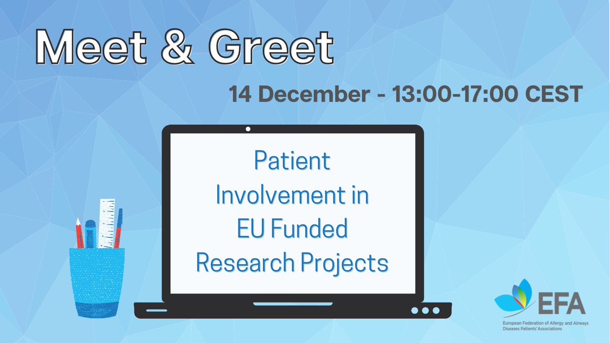 EFA_Patients's tweet image. ❓ Do you want to gain the skills to participate in 🇪🇺 funded research projects?

❓ Do you want to help advance research in your disease area? 

Join us on 14 December for our Meet and Greet training #EFAEvent

Register now ➡️ bit.ly/3xH8pxY 

#EUtraining #EUresearch