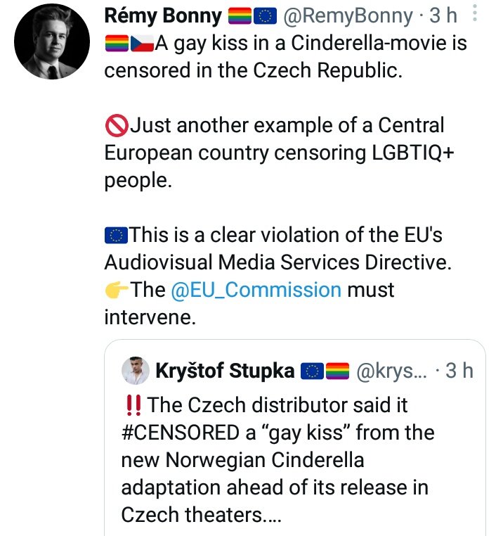 FranzLafka's tweet photo. Jak vznikají dezinformace?

1) iDNES si vymyslí větu o tom, že český distributor cenzuruje polibek dvou mužů v norské Popelce.

2) Kryštof Stupka mile rád rozšíří nepravdivou informaci ven.

3) Série retweetů se dostane třeba k holandské MEP. Damage is done - Česko je Tálibán. https://t.co/C79kAiFqSh
