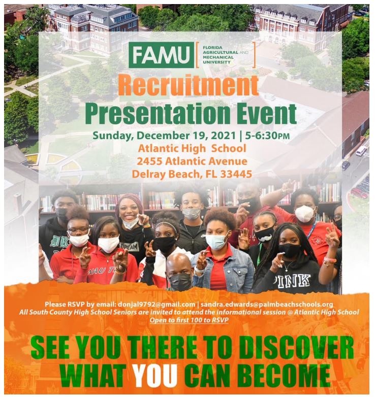 CounselorsACHS's tweet photo. Florida A&amp;M University &amp; representatives of the PBC Alumni Chapter will be on-site Sunday 12/19 from 5pm-6:30pm to answer questions regarding admissions, financial aid, etc. RSVP ASAP if you plan to attend: beatrice.johnson@palmbeachschools.org @ATL_Eagles @achs_ib https://t.co/uGWuIIqQoF