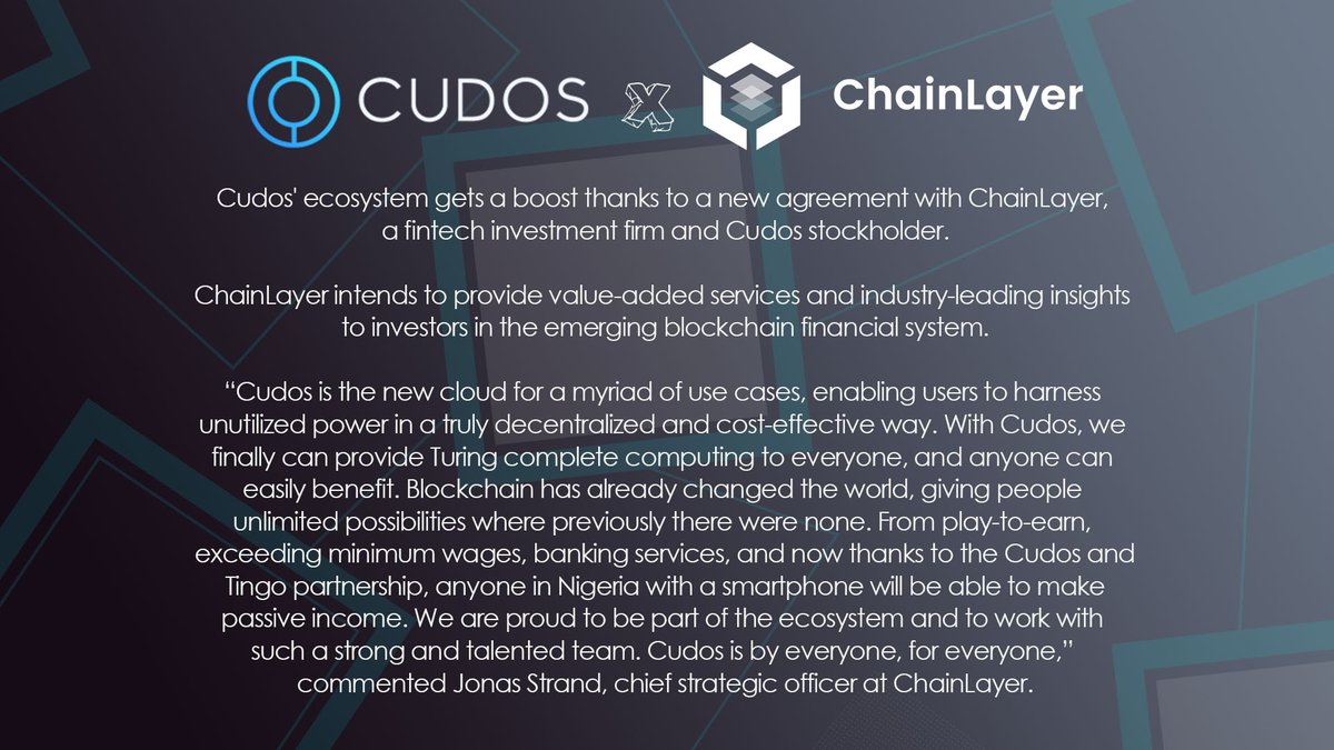 Dizzzyyy17's tweet photo. 🤝 Cudos partners with fintech investment company ChainLayer
@CudosUno @CudosT @CUDOS_ #CUDOS $CUDOS @chainlayerio #Chainlayer #crypto #Blockchain 

To read more: https://t.co/kuyHaxyGX0 https://t.co/S6fYu4NTH1