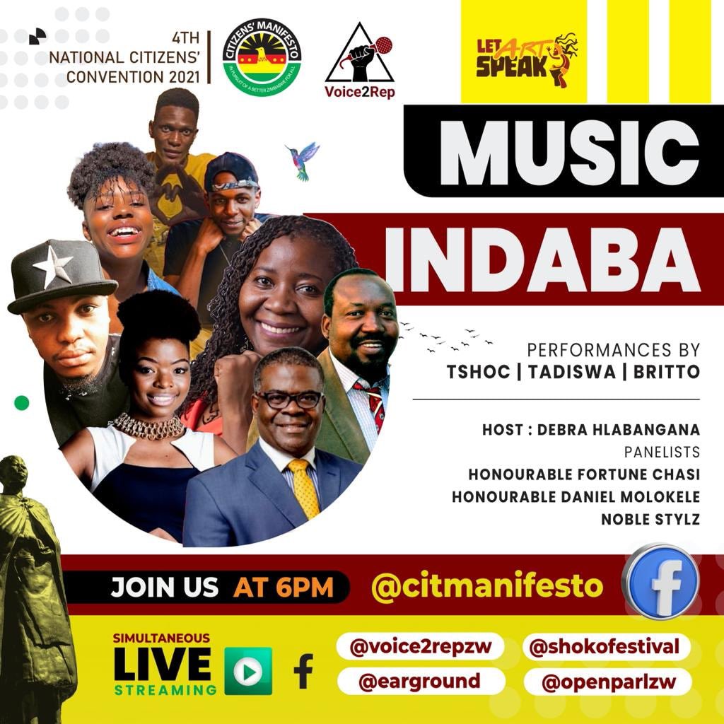 Voice2RepZW's tweet photo. We are excited about our first ever Music Indaba. We partnered with @CitManifesto to bring this special episode streaming tonight on Facebook. We are joined by special guests Hon. @fortunechasi & Hon. @molokele under this years NCC theme, “Let Art Speak.”#Time2Represent https://t.co/5XnTiIacvK