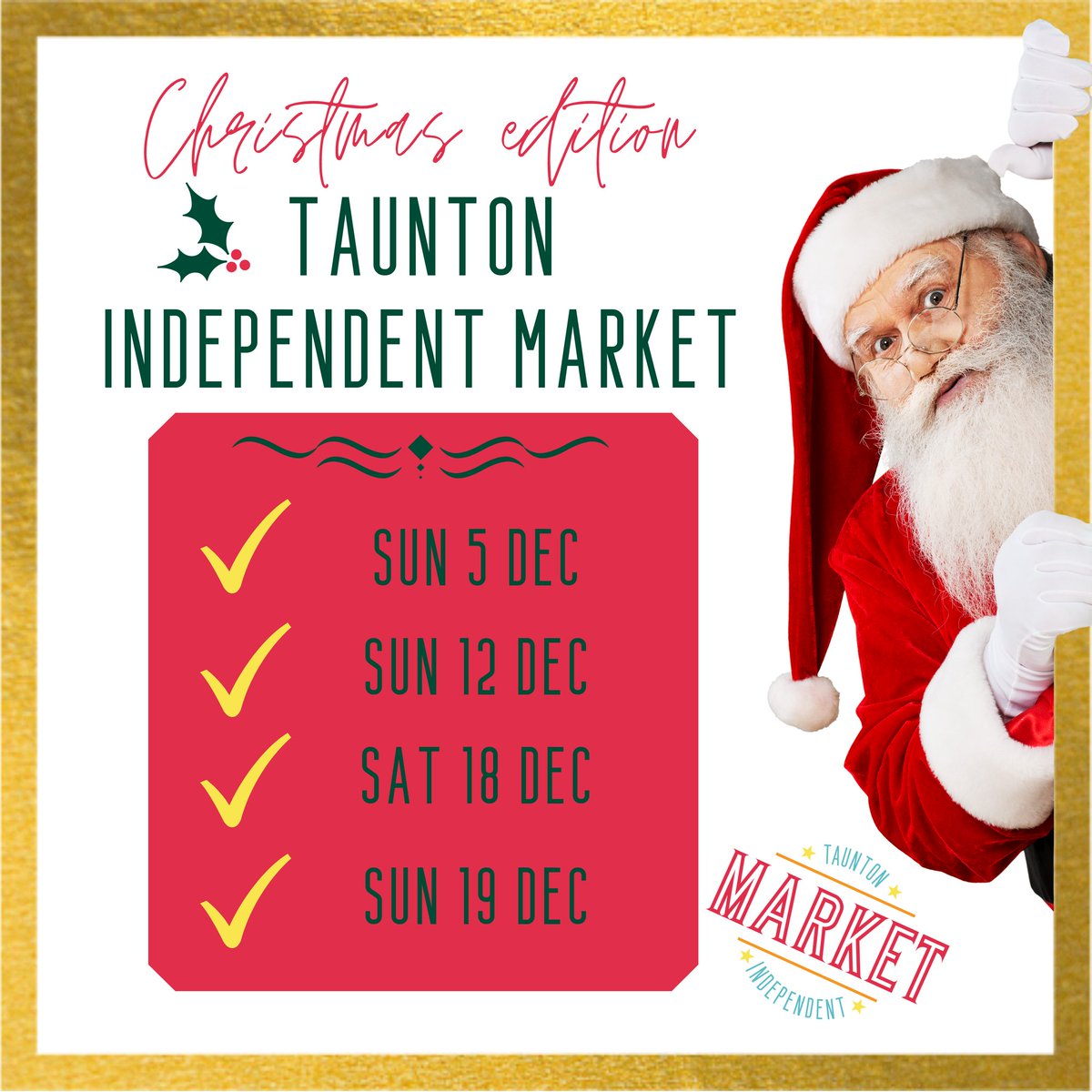 Ho Ho Ho!🎅

Don't forget that it's the first of our 4 special Xmas Markets in the centre of Taunton, this Sunday, 5 Dec !🎅🎄⭐

Come along to Castle Green on Sun between 10am-4pm for some festive shopping and enjoy Castle Green come alive with festive music throughout the day.