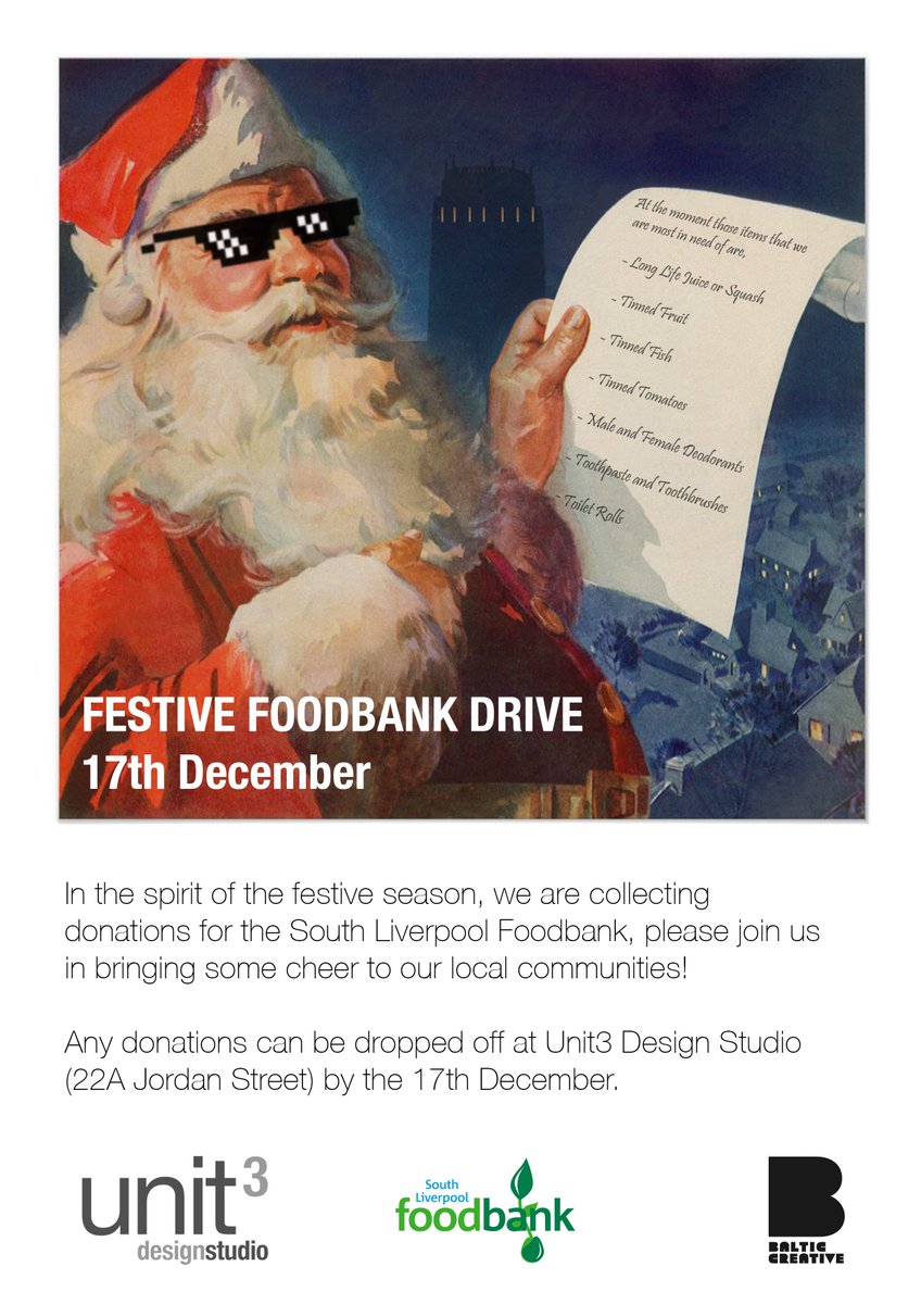 unit3_design's tweet image. We&apos;re collecting for South Liverpool Foodbank over this festive season, if you&apos;ve any donations please drop them in to our office by 17 December, see you soon!
@trusselltrust @balticcreative @s_liv_foodbank
.
.
#winter #foodbank #ukcharity
#donation #support #Liverpool #Christmas