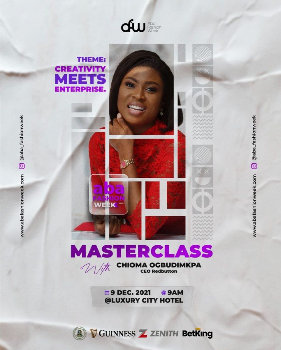 Sam Hart, mni (@hartng) on Twitter photo Aba Fashion Week 2021 heating up.
We are honoured to have the phenomenal duo of Evans Akere and <a href="/chiomaredbutton/">Chioma Ogbudimkpa</a> accept to be our keynote Speakers at the Masterclass segment of the event holding on Thursday, Dec 9, 2021.
🙏
#AFW2021
#MadeInAba Aba Fashion Week 2021 heating up.
We are honoured to have the phenomenal duo of Evans Akere and <a href="/chiomaredbutton/">Chioma Ogbudimkpa</a> accept to be our keynote Speakers at the Masterclass segment of the event holding on Thursday, Dec 9, 2021.
🙏
#AFW2021
#MadeInAba