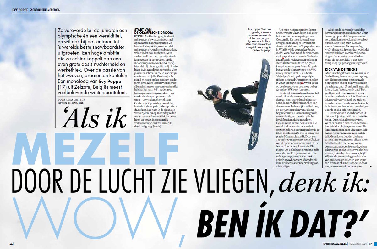 jonas_creteur's tweet photo. Vandaag in @SportVoetbal, mijn interview met snowboardster @evy_poppe: "Ik ga het niet van de daken schreeuwen, maar ik wil de beste ter wereld worden, een ambassadrice van mijn sport, als voorbeeld voor jongere meisjes in België, of zelfs uit het buitenland." https://t.co/Y4quCpmaPE