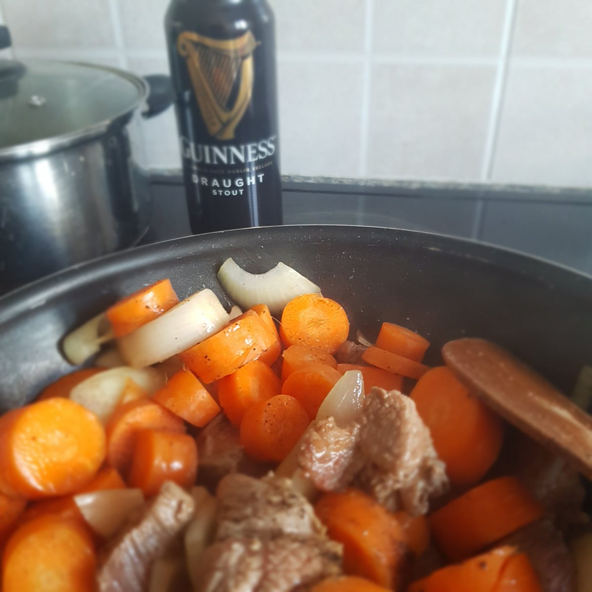 Likeds's tweet photo. Beef 5.99 a kilo. Slow cooking in a Guinness gravy for a couple of hours https://t.co/TMc3SQtUXy
