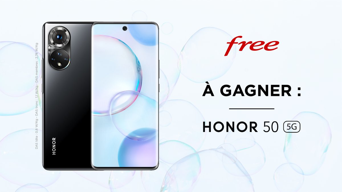 [#Concours]
C'est avec HONOR qu'on vous fait gagner aujourd'hui ce magnifique #HONOR50 !
Pour participer, RT et suivez les comptes <a href="/free/">Free</a> et <a href="/Honor_FR/">HONOR France</a>.  
Bonne chance à tous. 🍀🤞
Tirage au sort le 03/12. ⏲️