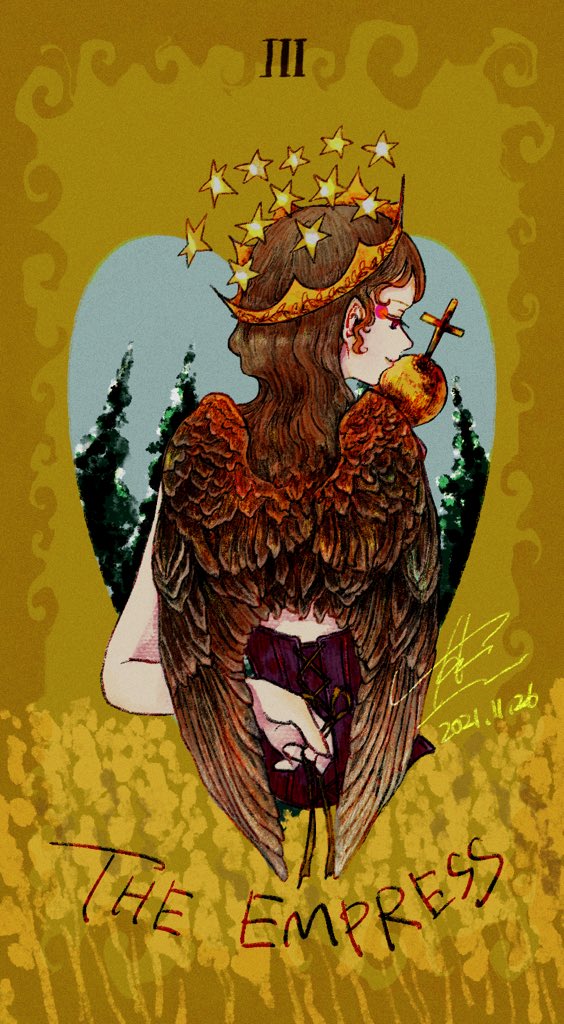 1girl solo wings brown hair apple earrings from behind  illustration images